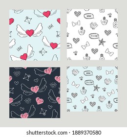 Set of patterns for Valentine's Day, textile, fabric manufacturing, wallpaper, covers, surface, print, gift wrap, scrapbooking. Hand drawn hearts with wings, graphic elements. Vector.