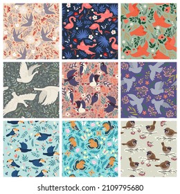 Set of patterns with various birds. Vector graphics.