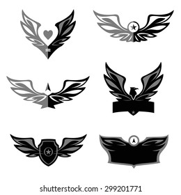 Set of patterns vector logo depicting an eagle, a bird. Space for text in the logo. Spread wings, heraldic style.