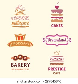 Set of patterns vector logos cakes. Logo confectionery, coffee shop. Big cakes with fillings and wedding cakes. Bakery and croissant. Sweet masterpiece market.