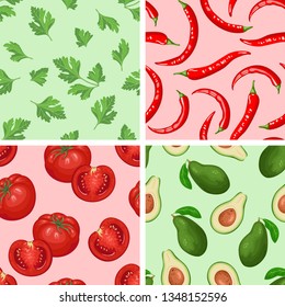 Conjunto de patrones con verduras. Tomate, perejil, aguacate, pimienta chile. Ilustración portadora de comida en dibujo sencillo de estilo plano.