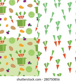 set of patterns with vegetables. used vegetable beets, potatoes, cabbage, onions, carrots. There is also a pan on the fire. patterns on a white and light green background.