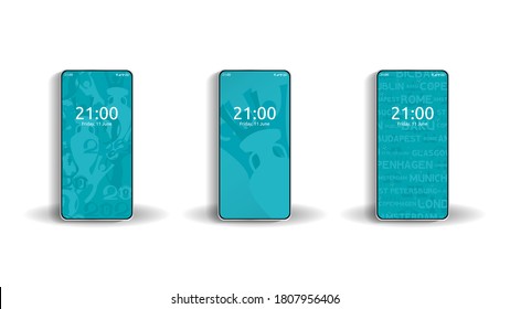 Set of patterns for wallpaper on the screen of mobile phones. Abstract blue screensavers with football fans, names of cities, cups. Soccer style 2020. Vector