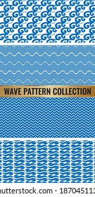 A set of patterns with waves. Design for backgrounds with sea, river or water texture. Repeating texture. Drawing for textiles. Print for book covers, postcards, and t-shirts. Surface design.