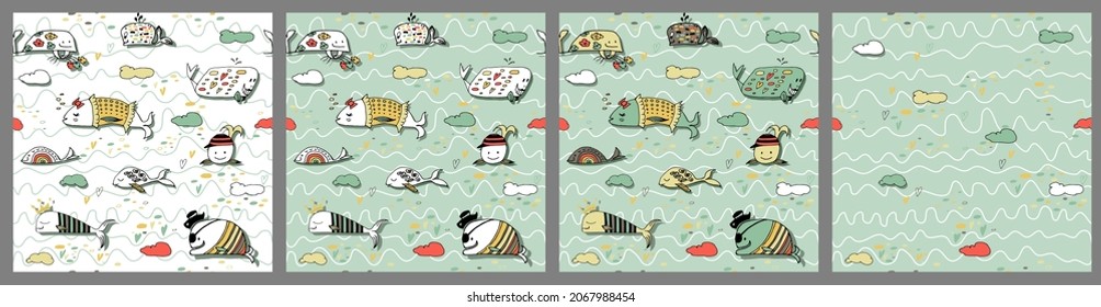 A set of patterns with whales in the Scandinavian style. Hand-drawn cartoon multicolored whales are suitable for decorating the interior design of a children's room. 
