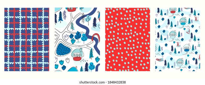 Set of patterns for winter holidays gifts wrapping. Cozy winter recreation concept. Backgrounds with snowy landscapes, fir trees, confetti, tartan