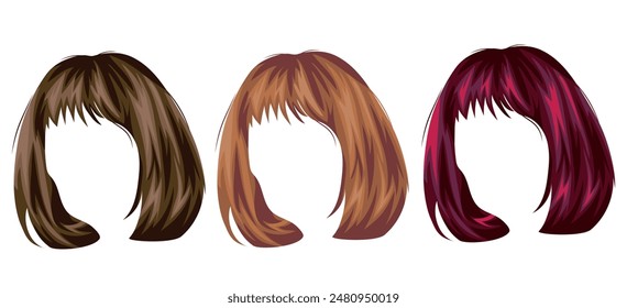 set of patterns of women's short hair with bangs in different colors, namely brown, light blond and red colors, for characters, various designs