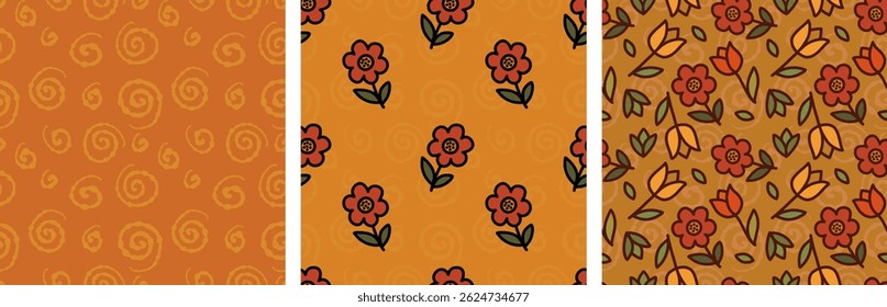A set of patterns.Hand-drawn retro floral print for fabric. Modern yellow flowers for creativity. Vintage botanical seamless pattern, wrapping paper.