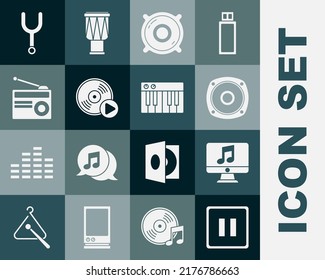 Set Pause button, Computer with music note, Stereo speaker, Vinyl disk, Radio antenna, Musical tuning fork and synthesizer icon. Vector