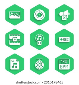 Set Pause button, Disco ball, Bitrate, Record, MP3 file document, Music wave equalizer, Speaker mute and  icon. Vector