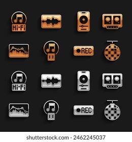 Set Pause button, DJ remote and mixing music, Disco ball, Record, Music wave equalizer, player, note, tone and  icon. Vector