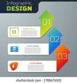 Botón Set Pause, Laptop con nota musical y Selección de guitarra. Plantilla de infografía de negocios. Vector