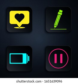 Set Pause button, Like and heart, Battery charge level indicator and Pencil with eraser. Black square button. Vector