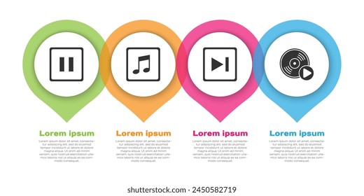 Set Pause button, Music note, tone, Fast forward and Vinyl disk. Business infographic template. Vector