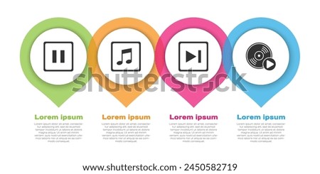 Set Pause button, Music note, tone, Fast forward and Vinyl disk. Business infographic template. Vector