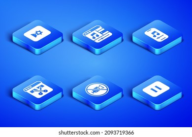 Set Pause button, Music or video settings, Prohibition no recording, Video recorder editor, player and  icon. Vector