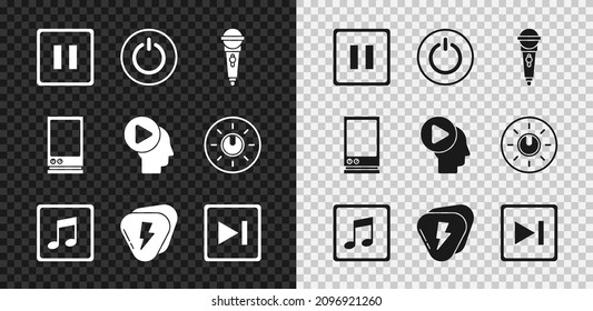 Set Pause button, Power, Microphone, Music note, tone, Guitar pick, Fast forward, Voice assistant and Head people with play icon. Vector