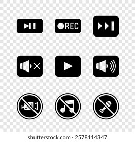 Set Pause button, Record, Fast forward, Prohibition no video recording, Speaker mute, Mute microphone,  and Play icon. Vector