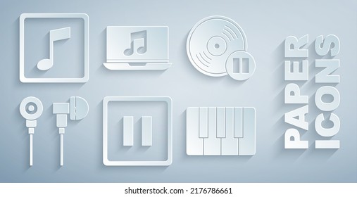 Set Pause button, Vinyl disk, Air headphones, Music synthesizer, Laptop with music note and note, tone icon. Vector