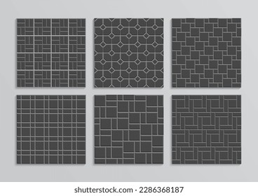 Set of paver tiles. Slab pavement texture collection. Street seamless pattern. Paved floor. Decorative sidewalk. Stone surface. Cobblestone print. Mosaic outdoor background. Vector illustration