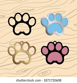 Set of Paw icons on wooden background. Paw Print icon in black, golden, silver frame. Cat or dog paw symbol. Cartoon animal logotype, template for crafting. Foot print illustration.