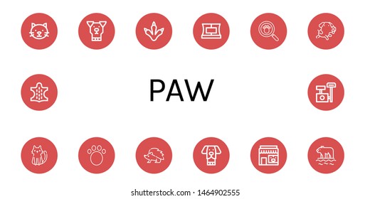 Set of paw icons such as Cat, Dog, Claws, Collar, Paw print, Animal, Hedgehog, Pet shop, Polar bear, Scratching post , paw