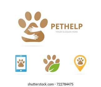 Set of paw logo combination. Pet and embrace symbol or icon. Unique vet and friendship logotype design template.