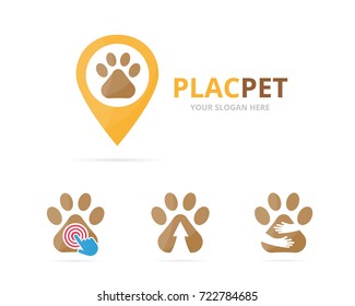 Conjunto de combinación del logotipo de la pata. Símbolo o icono del localizador de mascotas y gps. Plantilla de diseño de logotipo exclusivo de vet y pin.