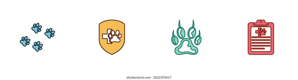 Set Paw print, Animal health insurance,  and Clinical record pet icon. Vector
