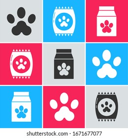 Set Paw print, Bag of food for pet and Bag of food for pet icon. Vector