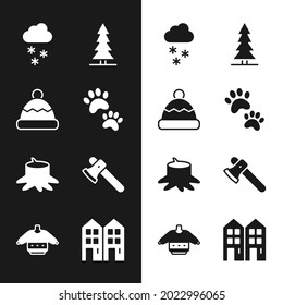 Set Paw print, Beanie hat, Cloud with snow, Canadian spruce, Tree stump, Wooden axe, House and Christmas sweater icon. Vector