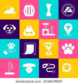 Set Paw print, Cat nose, Dog bone, collar, Clockwork mouse and scratching post icon. Vector