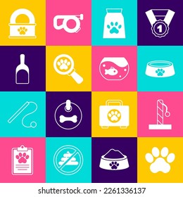 Set Paw print, Cat scratching post, Pet food bowl, Bag of for pet, Veterinary clinic, Dustpan, Canned and Aquarium with fish icon. Vector