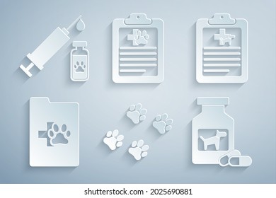 Set Paw print, Clinical record pet, , Dog medicine bottle and pills,  and Syringe with vaccine icon. Vector