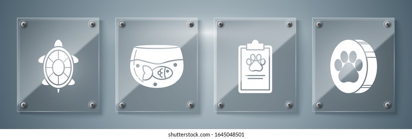 Set Paw print, Clipboard with medical clinical record pet, Aquarium with fish and Turtle. Square glass panels. Vector