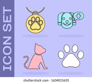 Set Paw print, Collar with name tag, Cat and Veterinary clinic symbol icon. Vector