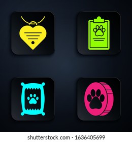 Set Paw print, Collar with name tag and heart, Bag of food for dog and Clipboard with medical clinical record pet. Black square button. Vector