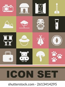 Set Paw print, Compass, Flashlight, Waterfall, African tree, Mountains, Photo camera and Mexican mayan or aztec mask icon. Vector