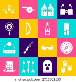Set Paw print, Compass, Lighter, Hunting jacket, Bow, search, Cartridges and Bottle of vodka icon. Vector