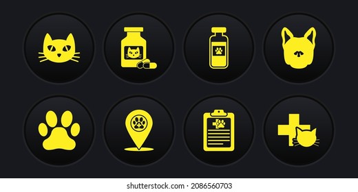 Set Paw print, Dog, Location veterinary, Clinical record pet, Pets vial medical and Cat medicine bottle and pills icon. Vector