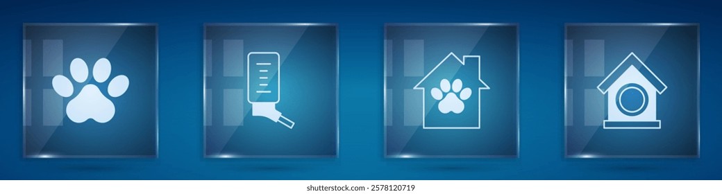 Set Paw print, Drinker for small pets, Pet house and Dog. Square glass panels. Vector