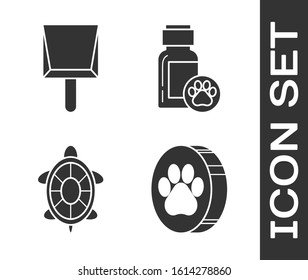 Set Paw print, Dustpan, Turtle and Dog medicine bottle icon. Vector