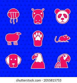 Set Paw print, Eagle head, Macaw parrot, Rat, Dog, Sheep, Cute panda face and Jellyfish icon. Vector