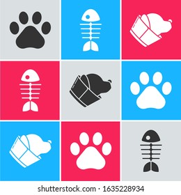 Set Paw print, Fish skeleton and Veterinary clinic symbol icon. Vector