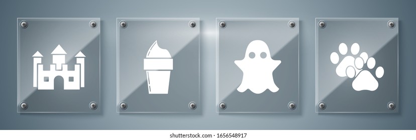 Set Paw print, Ghost, Ice cream in waffle cone and Castle. Square glass panels. Vector