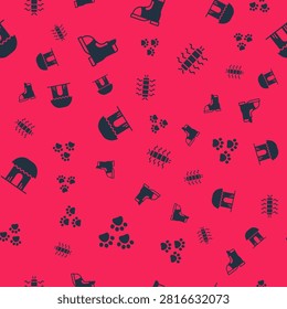 Set Paw print, Hunter boots, African hut and Centipede insect on seamless pattern. Vector