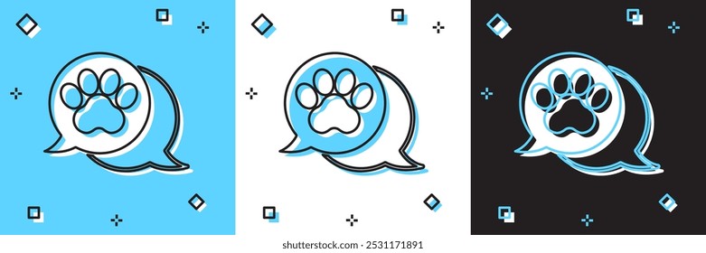 Set Paw print icon isolated on blue and white, black background. Dog or cat paw print. Animal track.  Vector
