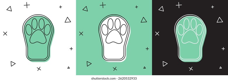 Set Paw print icon isolated on white and green, black background. Dog or cat paw print. Animal track.  Vector