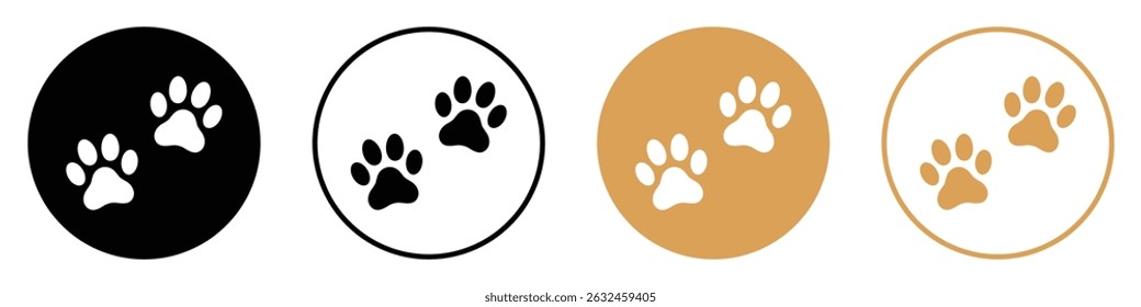 Set of paw print icons in black and gold, filled and outlined versions. Dog and cat footprint or pow icon set in simple and stroke style in circle design. Flat design. Vector illustration.