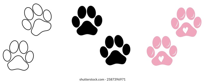 Set of paw print icons in different styles, including outline, solid black, and pink with a heart shape. Perfect for pet-related designs, veterinary clinics, animal shelters, logos, and decorative ele